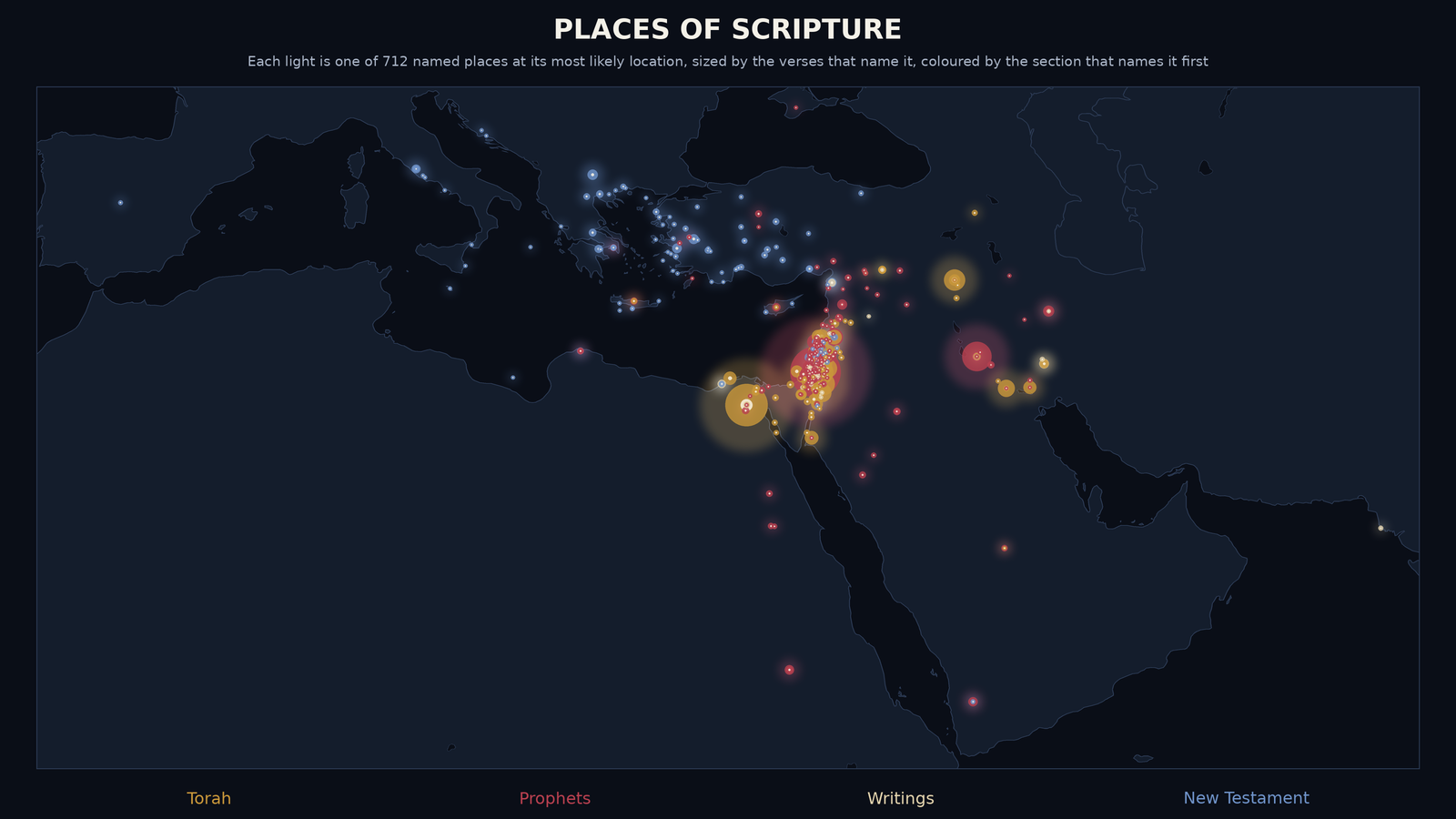 A dark map from Spain to India with glowing lights, massed over the land of Israel and scattered west across the Mediterranean.