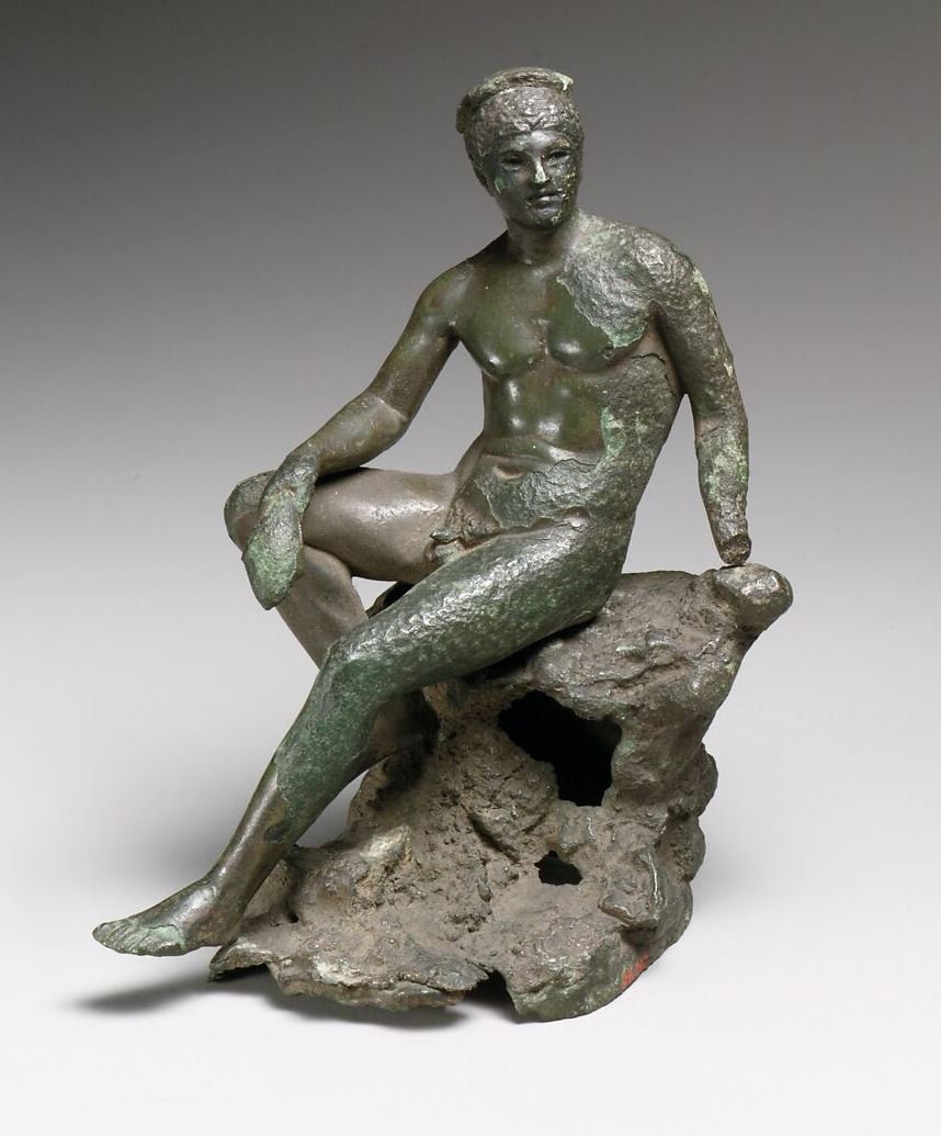 Bronze statuette of Hermes seated on a rock, A
